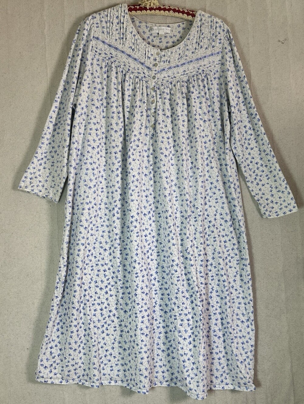 Eileen West Nightgown XL White Blue Floral Lace Cottage Grandma Modest Cotton